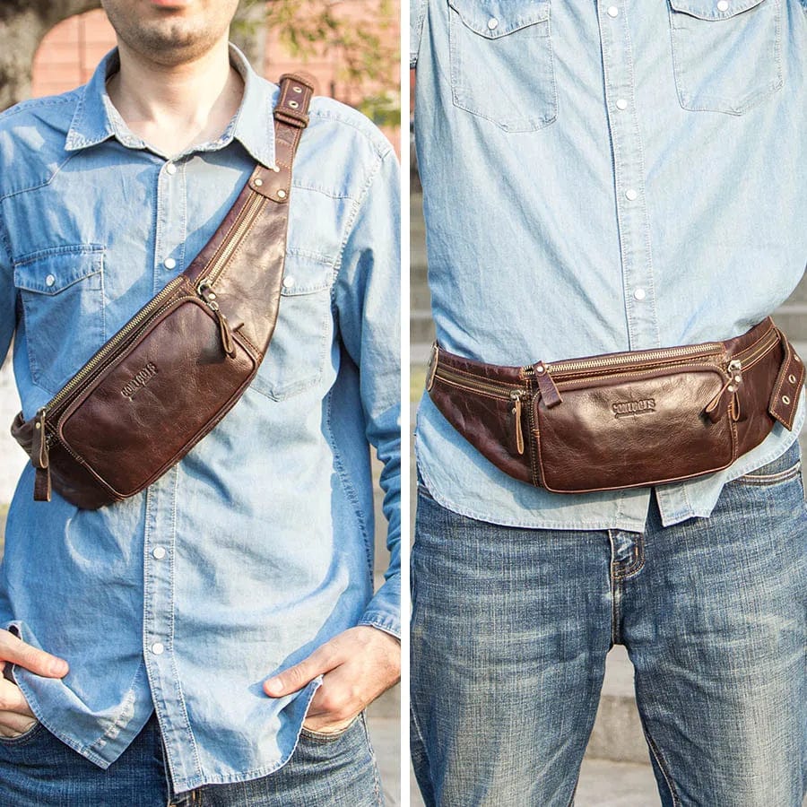 Sac banane homme en cuir véritable noir, bandoulière réglable, posée sur une surface en bois, accessoire mode.