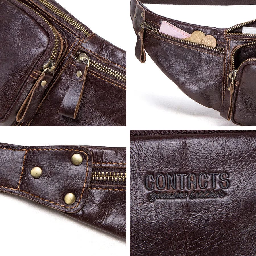Sacoche banane luxe en cuir marron foncé, vue de face, avec fermeture éclair argentée, sac décontracté chic.