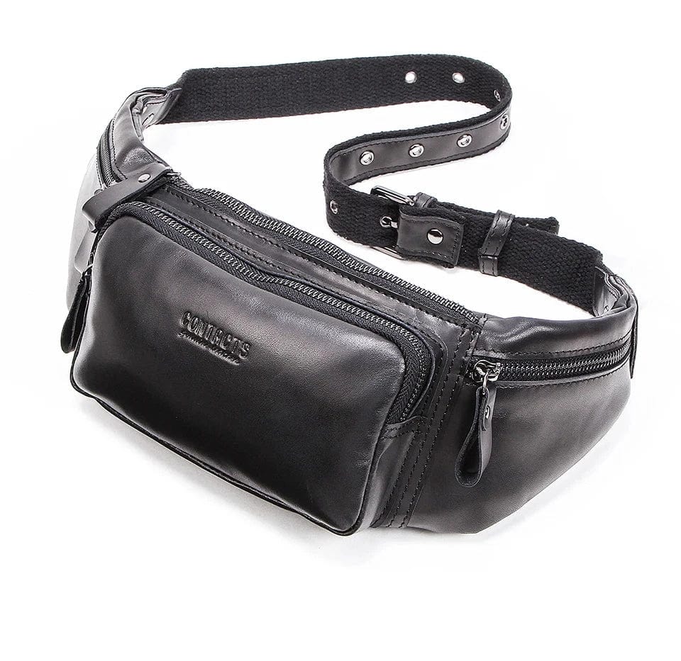 Trois sacoches banane luxe en cuir véritable (noir, café) alignées, présentant la gamme de couleurs, sac homme.