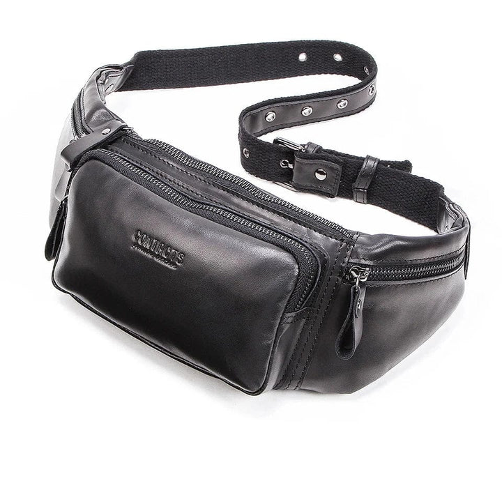 Trois sacoches banane luxe en cuir véritable (noir, café) alignées, présentant la gamme de couleurs, sac homme.