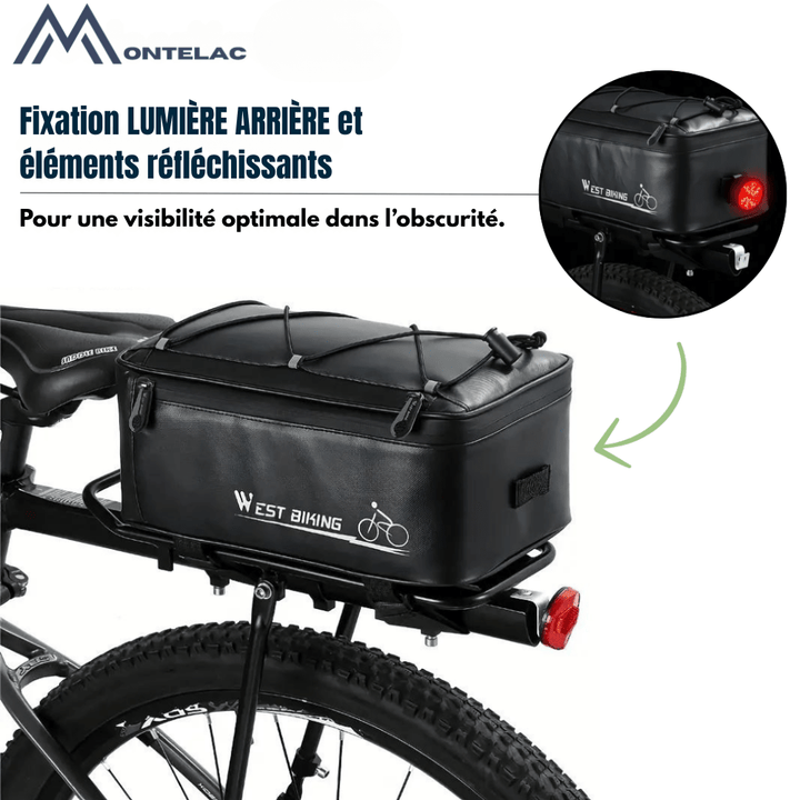"Sacoche de vélo imperméable, grande capacité, avec poches multiples et éléments réfléchissants pour plus de sécurité."