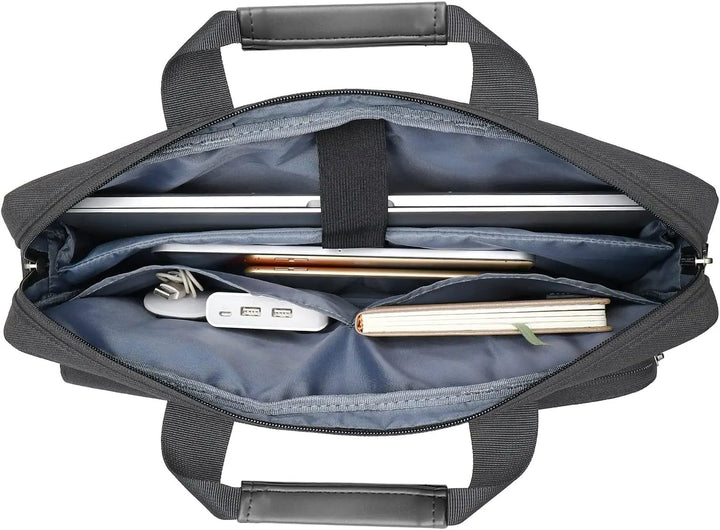 Sacoche école femme noire stylée pour ordinateur portable 17 pouces, avec compartiments intérieurs.