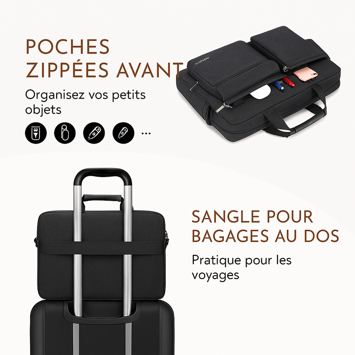 Détail de la sacoche femme 17 pouces en tissu technique résistant, couleur gris foncé, pour usage quotidien.