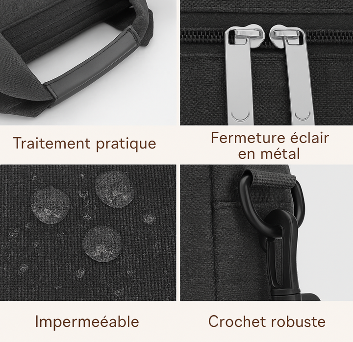 Vue latérale de la sacoche ordinateur femme 17 pouces bleu marine, avec fermeture éclair sécurisée.