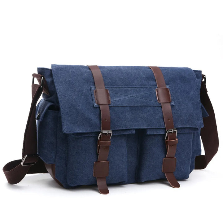 Sac bandoulière vintage homme toile et similicuir, style rétro-urbain. Idéal pour voyage ou quotidien décontracté.