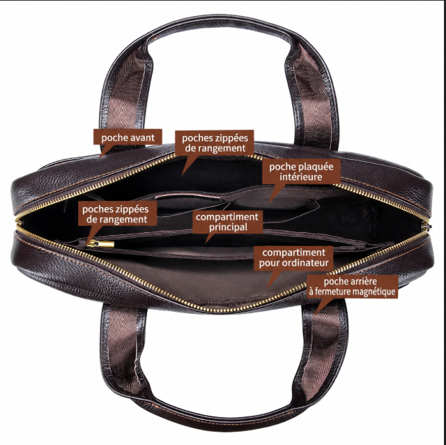 Sacoche ordinateur 13.3" élégante et professionnelle, en cuir synthétique noir, parfaite pour le bureau et voyage.