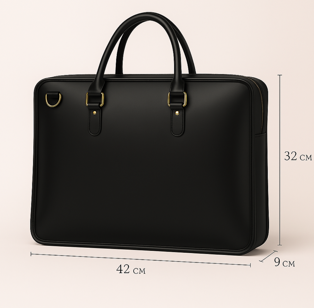 Intérieur spacieux d'une sacoche professionnelle en cuir véritable, montrant le rangement PC, couleur café.