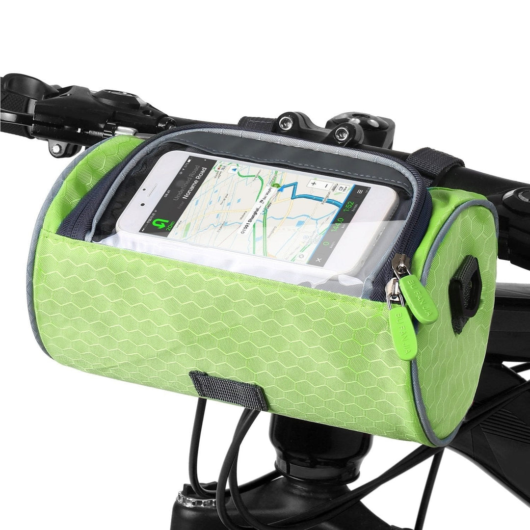 Sacoche vélo résistante avec écran tactile, noire, pour guidon. Imperméable, ajustable, idéale pour téléphone et objets.