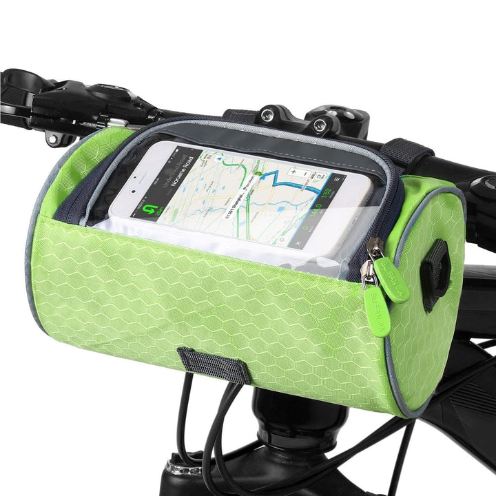 Sacoche vélo résistante avec écran tactile, noire, pour guidon. Imperméable, ajustable, idéale pour téléphone et objets.