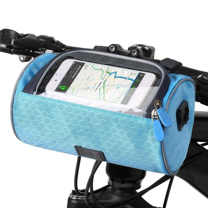 Sacoche vélo résistante avec écran tactile, noire, pour guidon. Imperméable, ajustable, idéale pour téléphone et objets.