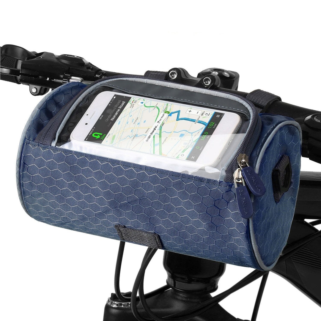 Sacoche vélo résistante avec écran tactile, noire, pour guidon. Imperméable, ajustable, idéale pour téléphone et objets.
