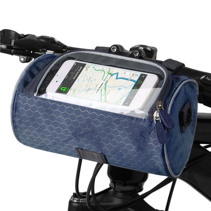 Sacoche vélo résistante avec écran tactile, noire, pour guidon. Imperméable, ajustable, idéale pour téléphone et objets.
