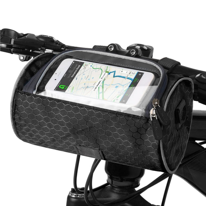 Sacoche vélo résistante avec écran tactile, noire, pour guidon. Imperméable, ajustable, idéale pour téléphone et objets.