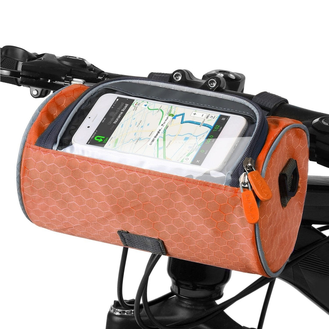 Sacoche vélo résistante avec écran tactile, noire, pour guidon. Imperméable, ajustable, idéale pour téléphone et objets.