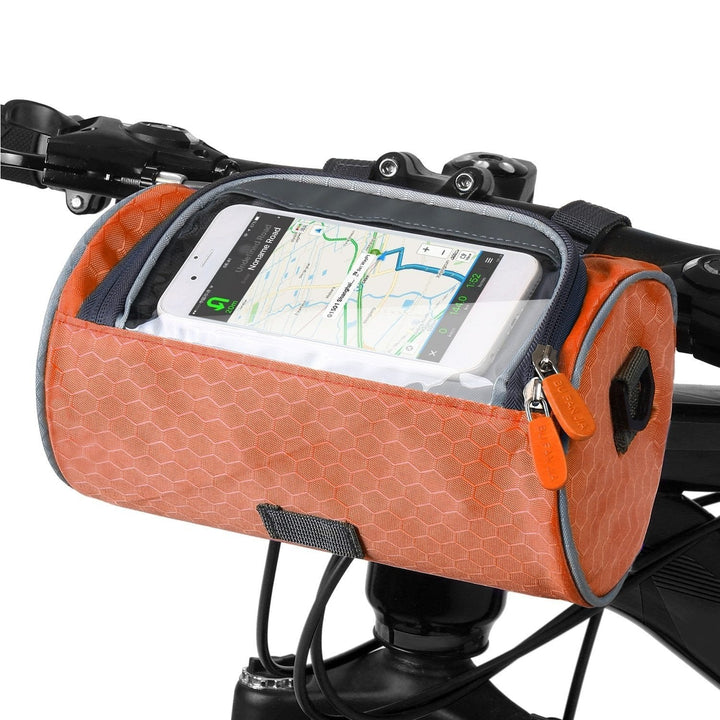 Sacoche vélo résistante avec écran tactile, noire, pour guidon. Imperméable, ajustable, idéale pour téléphone et objets.