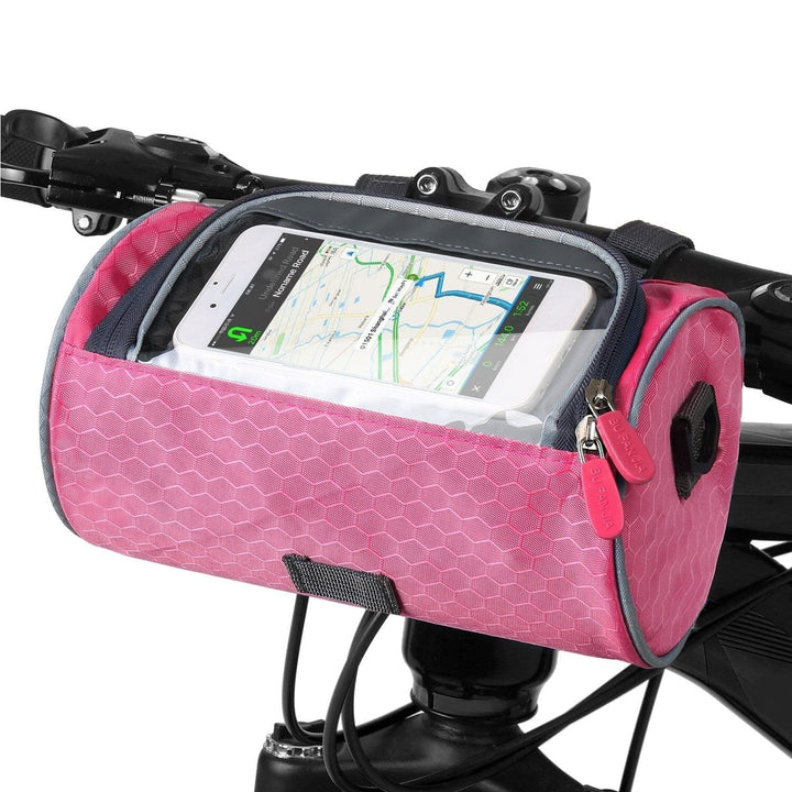 Sacoche vélo résistante avec écran tactile, noire, pour guidon. Imperméable, ajustable, idéale pour téléphone et objets.