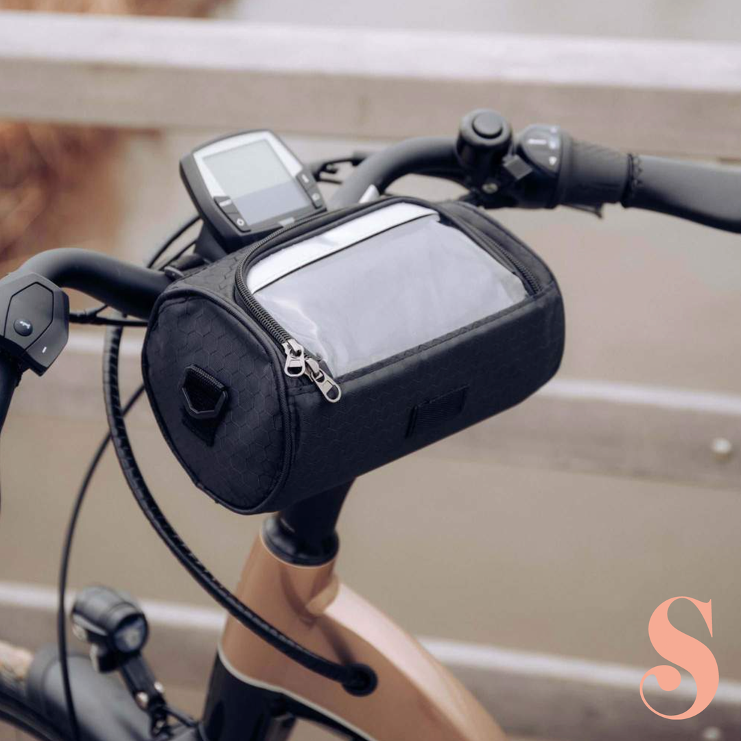 Sacoche vélo résistante avec écran tactile, noire, pour guidon. Imperméable, ajustable, idéale pour téléphone et objets.