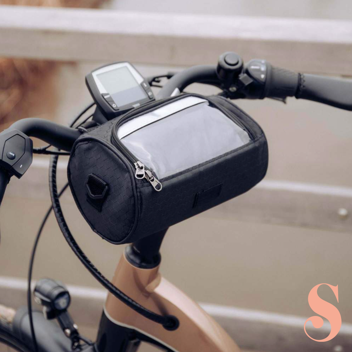 Sacoche vélo résistante avec écran tactile, noire, pour guidon. Imperméable, ajustable, idéale pour téléphone et objets.