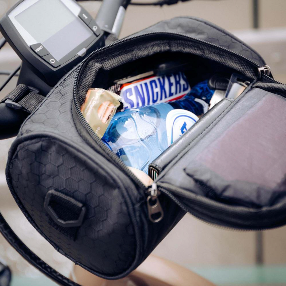 Sacoche vélo résistante avec écran tactile, noire, pour guidon. Imperméable, ajustable, idéale pour téléphone et objets.
