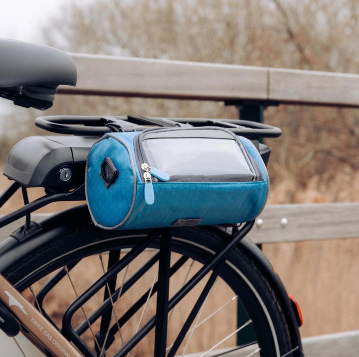 Sacoche vélo résistante avec écran tactile, noire, pour guidon. Imperméable, ajustable, idéale pour téléphone et objets.