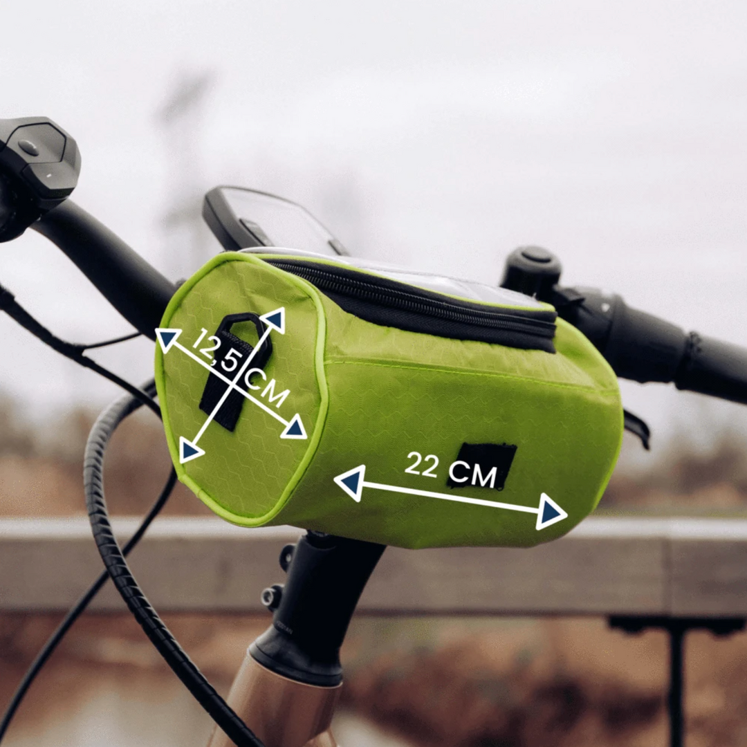 Sacoche vélo résistante avec écran tactile, noire, pour guidon. Imperméable, ajustable, idéale pour téléphone et objets.