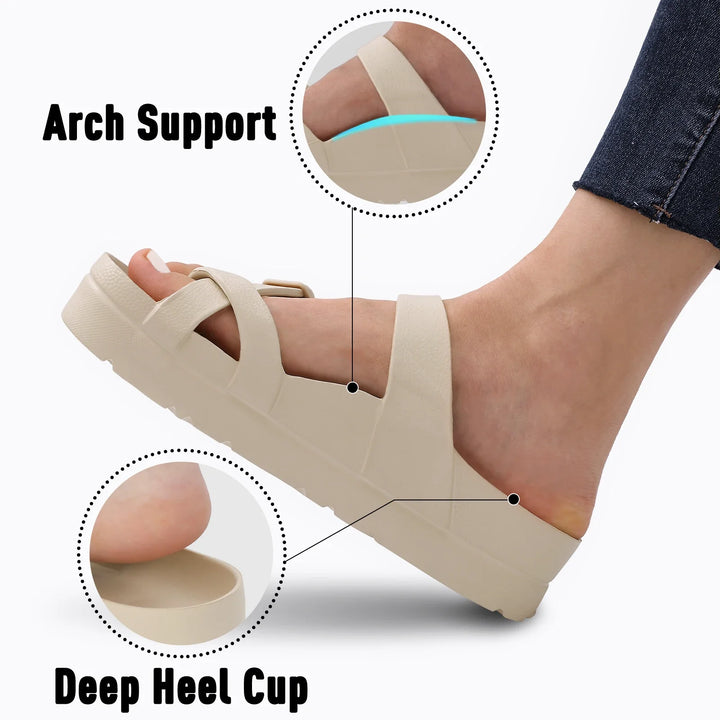 Sandales décontractées femme avec coussin souple, offrant confort et soutien ergonomique pour la marche estivale.