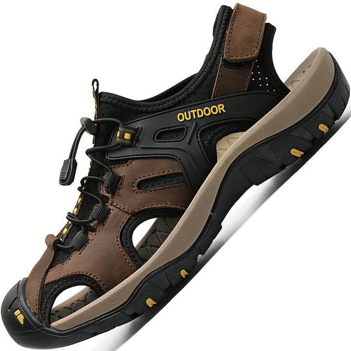 Sandales homme confortables en cuir, respirantes avec protection orteils pour plein air.