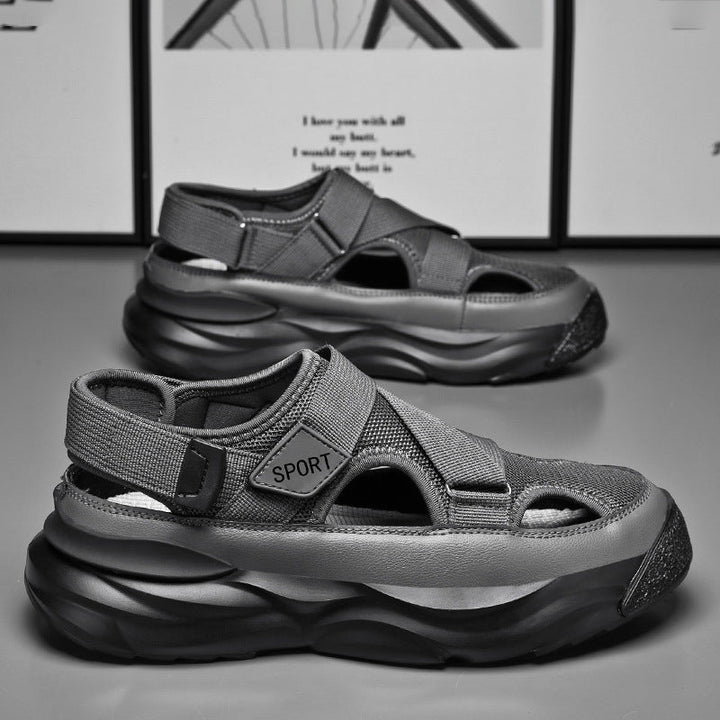 Chaussures d'été pour hommes: sandales de sport ouvertes, robustes avec sangles velcro ajustables et semelles épaisses.