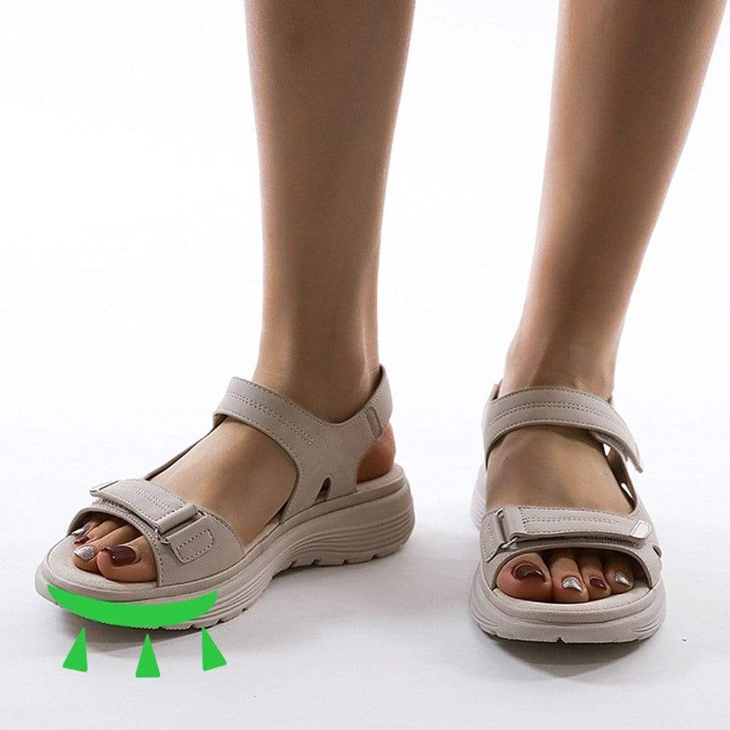 "Sandales d'été pour femmes, élégantes et orthopédiques, avec arc de soutien, en cuir beige et semelle légère."