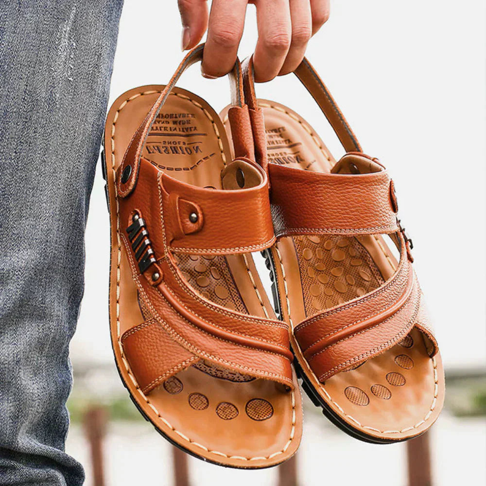 "Sandales hommes cuir véritable, confort orthopédique, design ergonomique, style classique, semelle antidérapante."