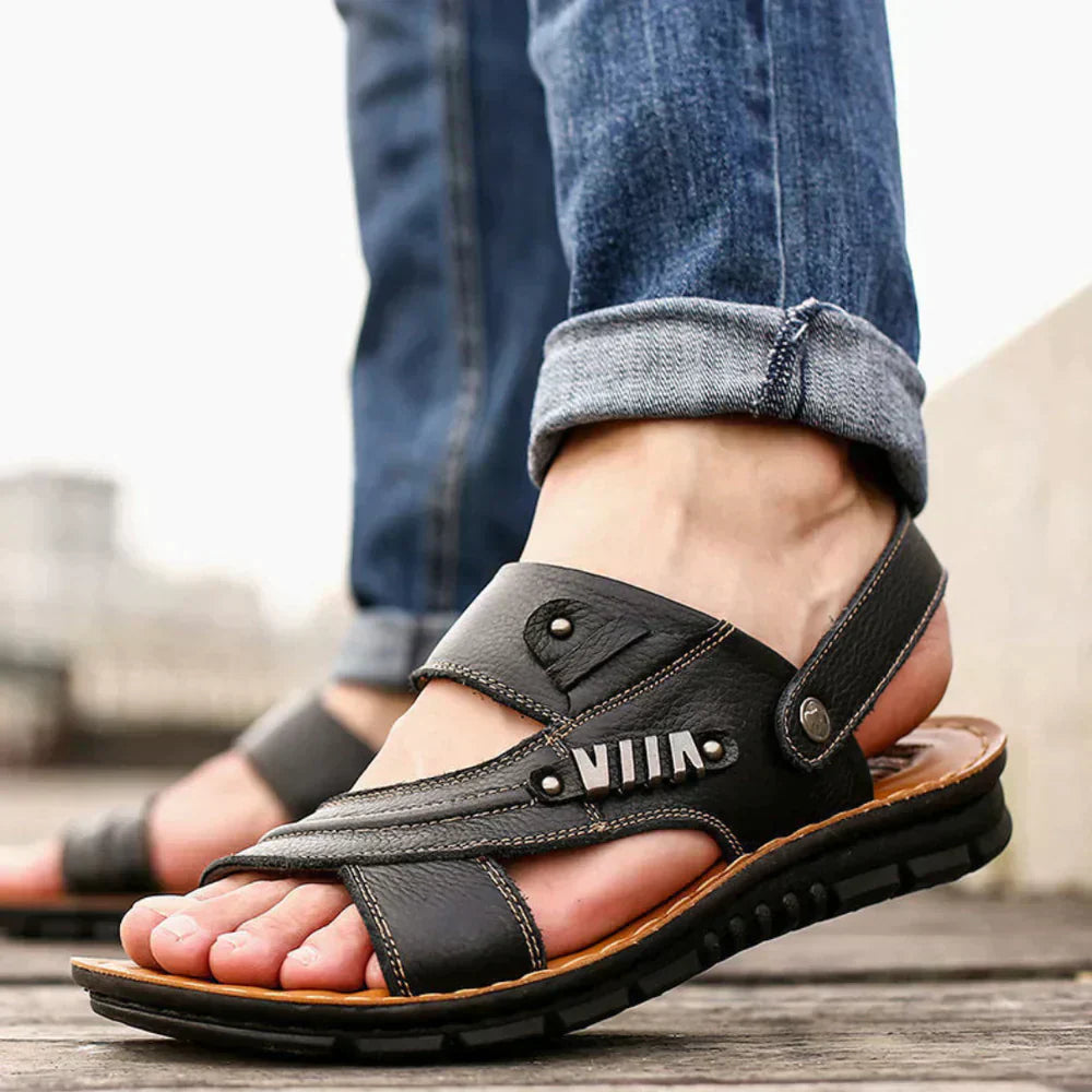 "Sandales hommes cuir véritable, confort orthopédique, design ergonomique, style classique, semelle antidérapante."