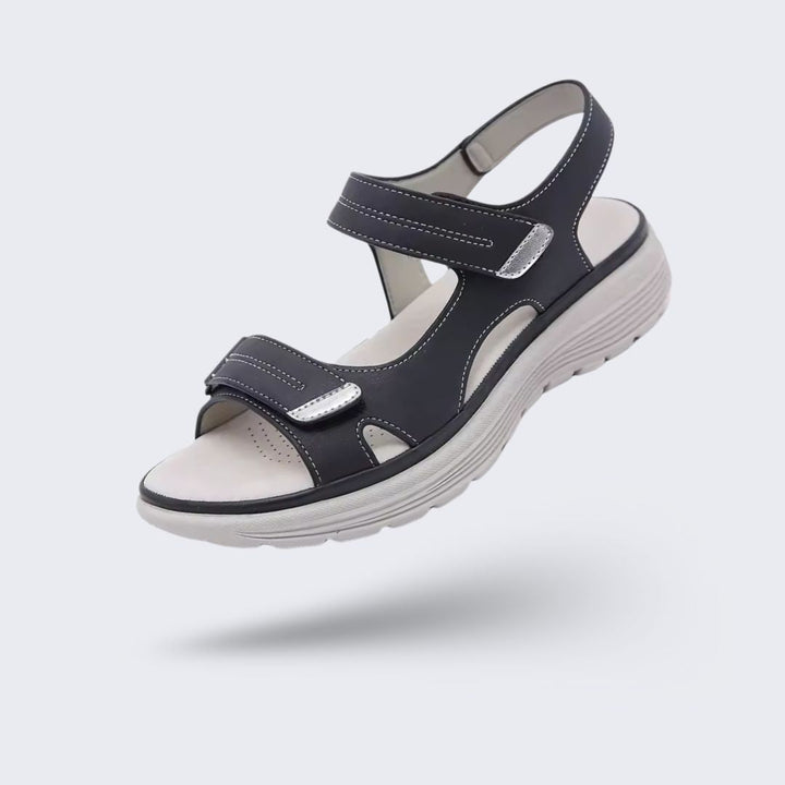"Sandales orthopédiques femme modernes et élégantes, soutien confortable, disponibles en bleu, gris et noir."