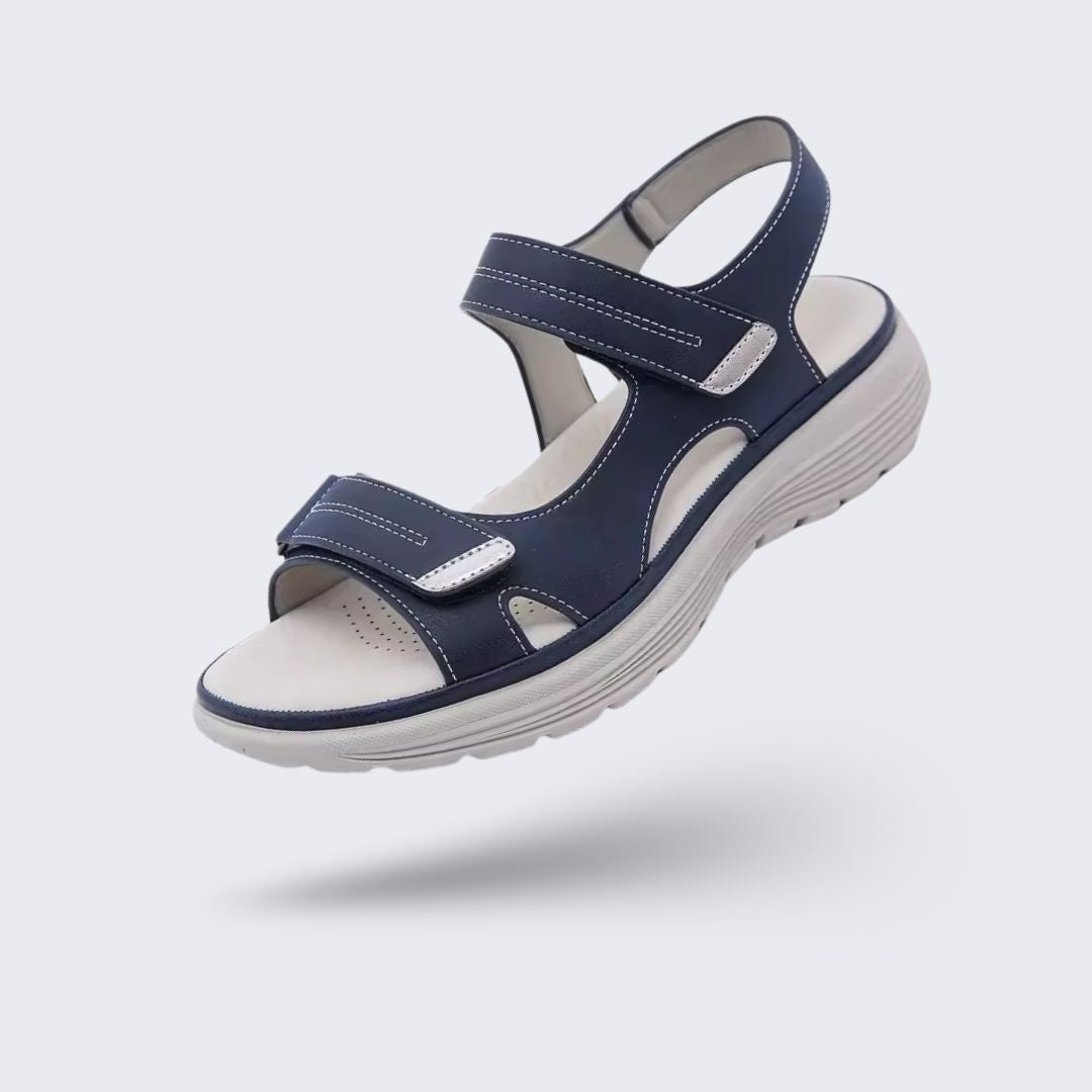 "Sandales orthopédiques femme modernes et élégantes, soutien confortable, disponibles en bleu, gris et noir."