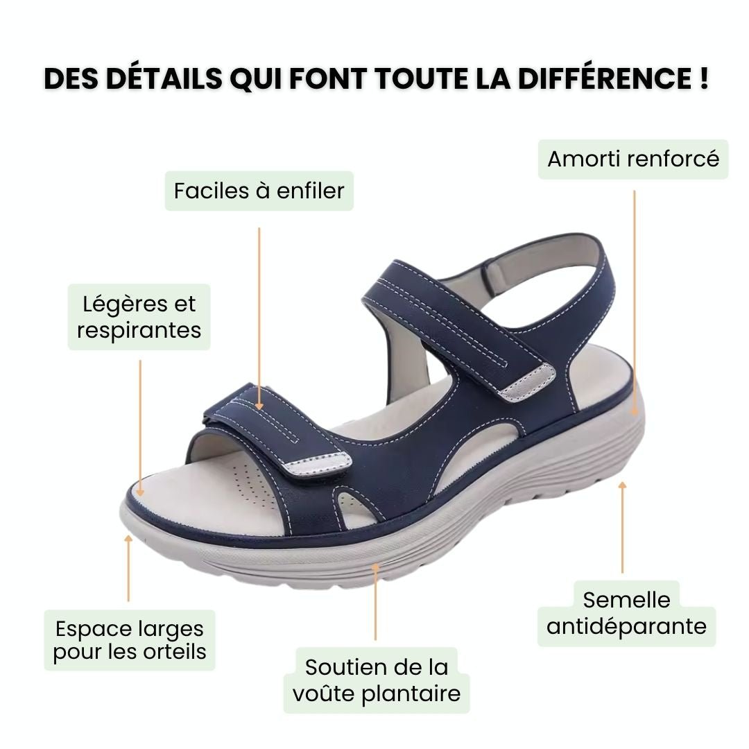 "Sandales orthopédiques femme modernes et élégantes, soutien confortable, disponibles en bleu, gris et noir."