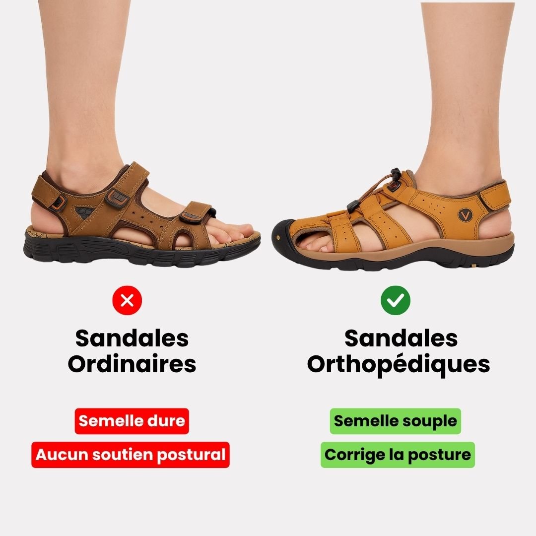 Sandales orthopédiques homme, élégantes, confort exceptionnel, semelle antidérapante, vue de face, soutien voûte plantaire.