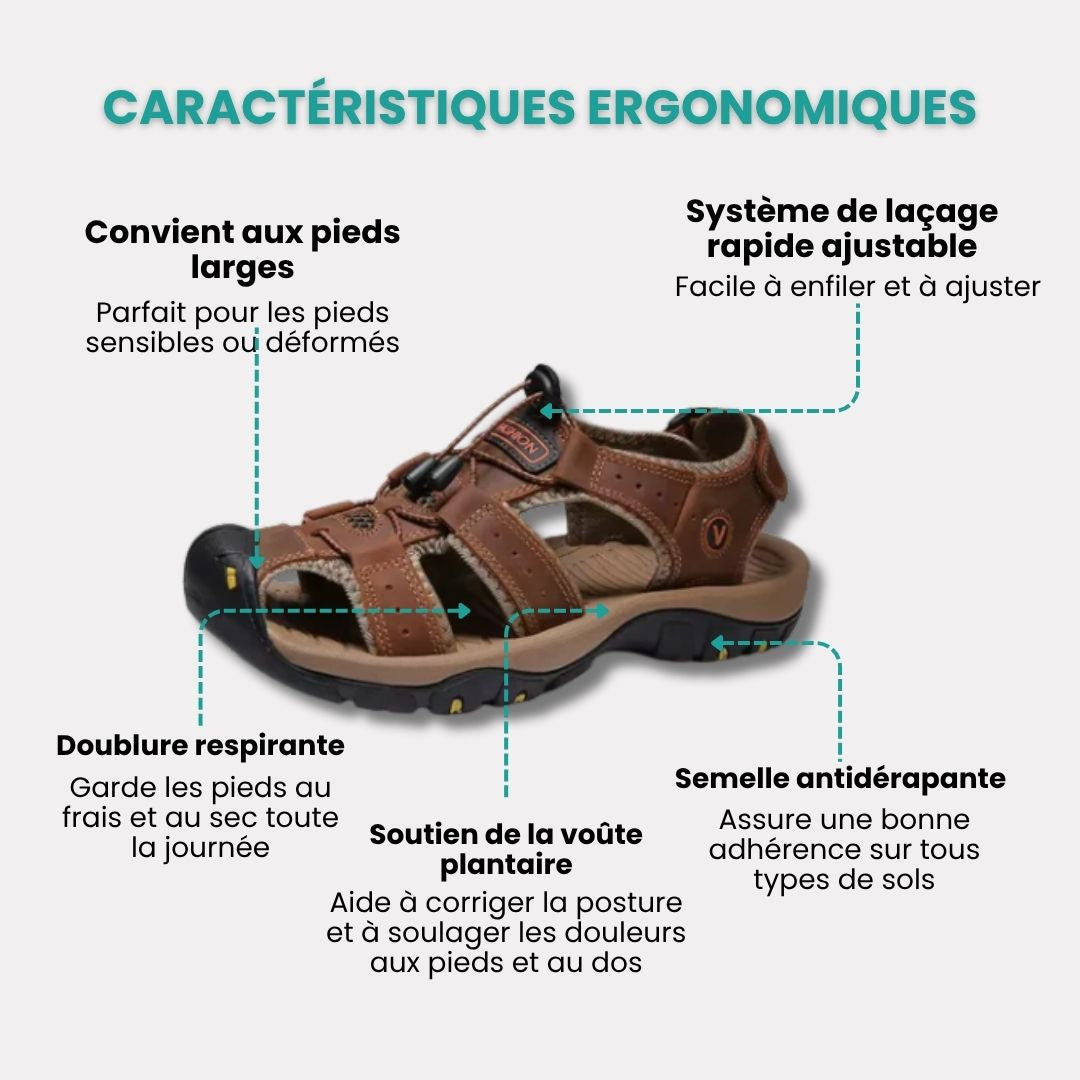 Sandales orthopédiques homme, élégantes, confort exceptionnel, semelle antidérapante, vue de face, soutien voûte plantaire.