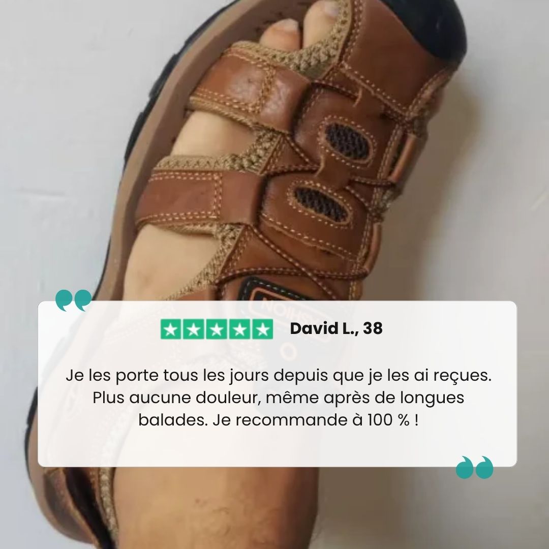 Sandales orthopédiques homme, élégantes, confort exceptionnel, semelle antidérapante, vue de face, soutien voûte plantaire.