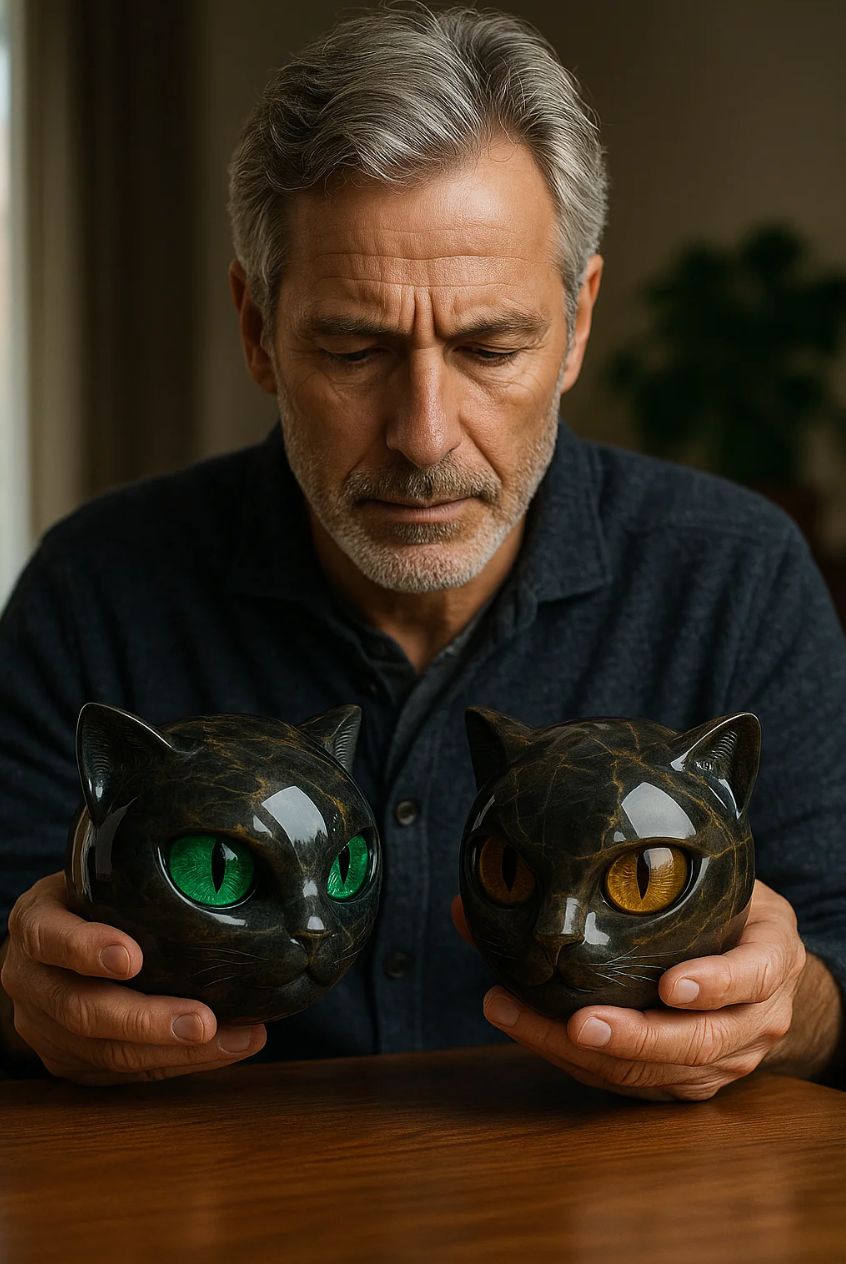 Œuvre d'art chat mystique en marbre poli, sculpture féline élégante pour collectionneurs d'objets deco.