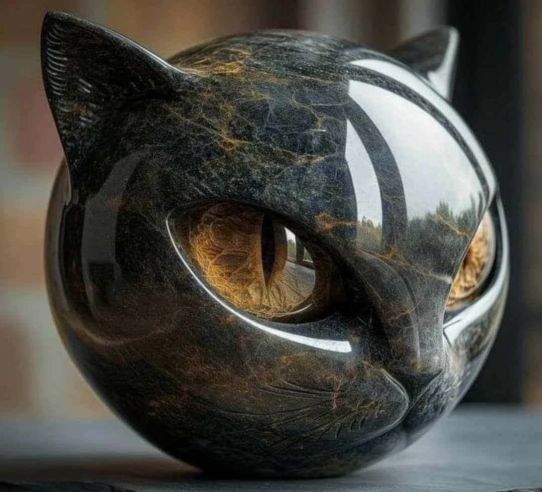 Décoration de salon : sculpture de chat en marbre poli avec motif Œil d'Élina, style mystique unique.