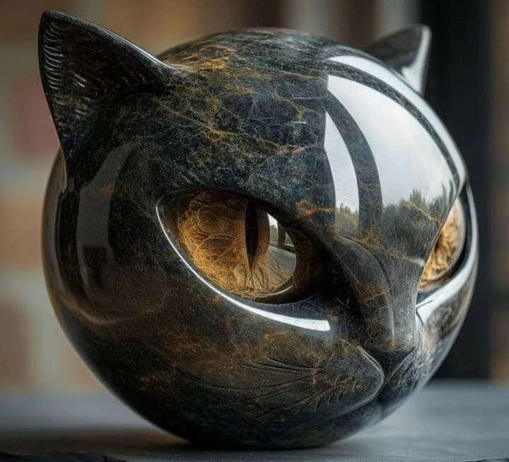 Décoration de salon : sculpture de chat en marbre poli avec motif Œil d'Élina, style mystique unique.