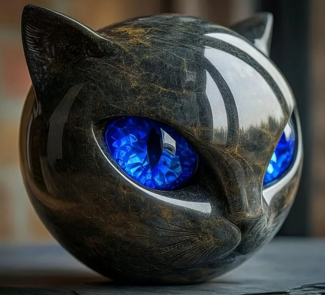Objet déco luxe : sculpture mystique de chat en marbre poli, cadeau parfait et design sophistiqué.