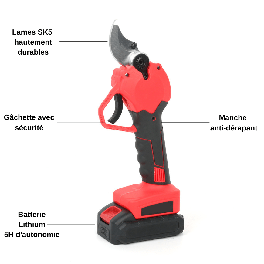 Sécateur électrique sans fil, coupe nette jusqu'à 30mm. Batterie incluse. Jardinage facile.
