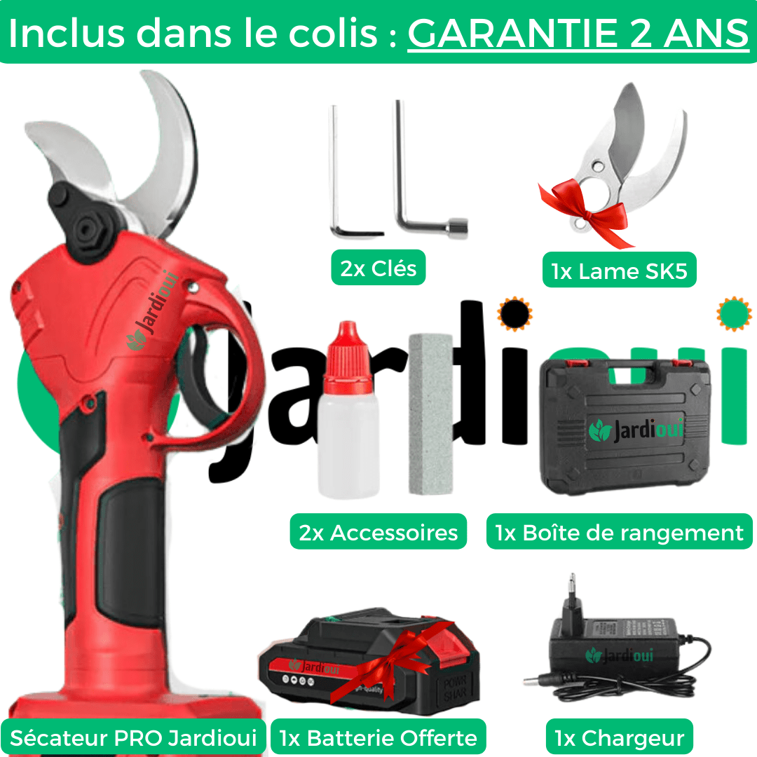 Sécateur électrique sans fil, coupe nette jusqu'à 30mm. Batterie incluse. Jardinage facile.