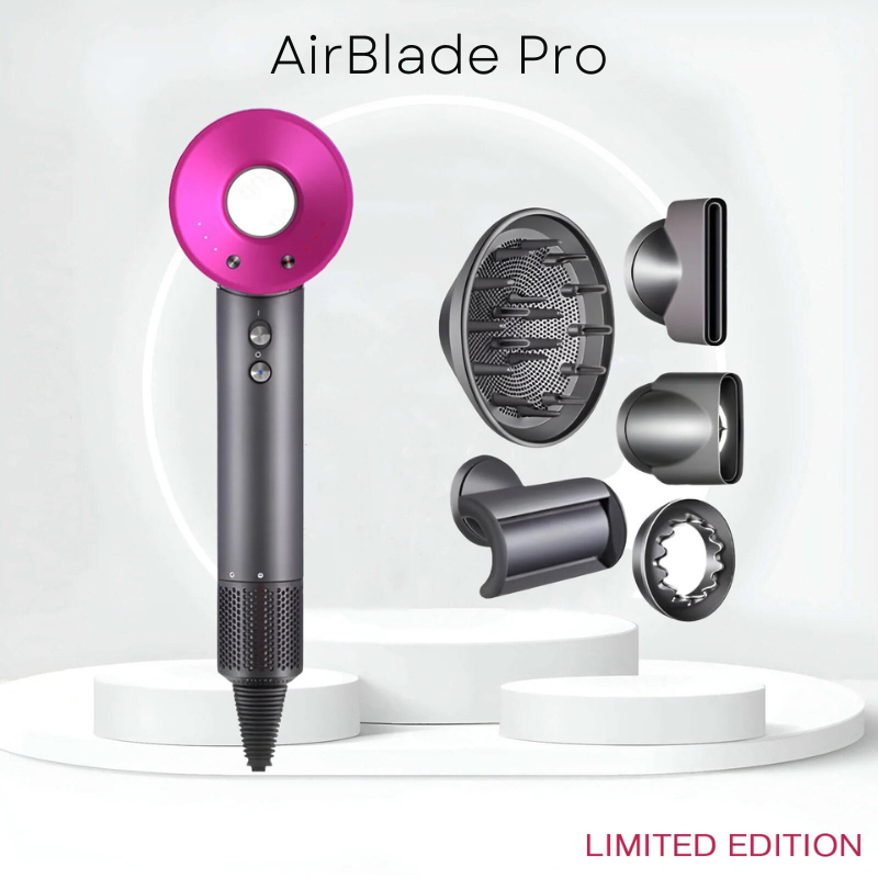 "Sèche-cheveux AirBlade Pro élégant noir, puissant, moteur rapide, accessoires, séchage professionnel rapide, cheveux brillan