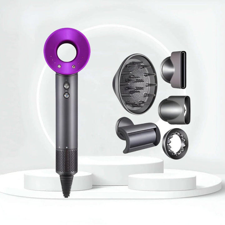 "Sèche-cheveux AirBlade Pro élégant noir, puissant, moteur rapide, accessoires, séchage professionnel rapide, cheveux brillan