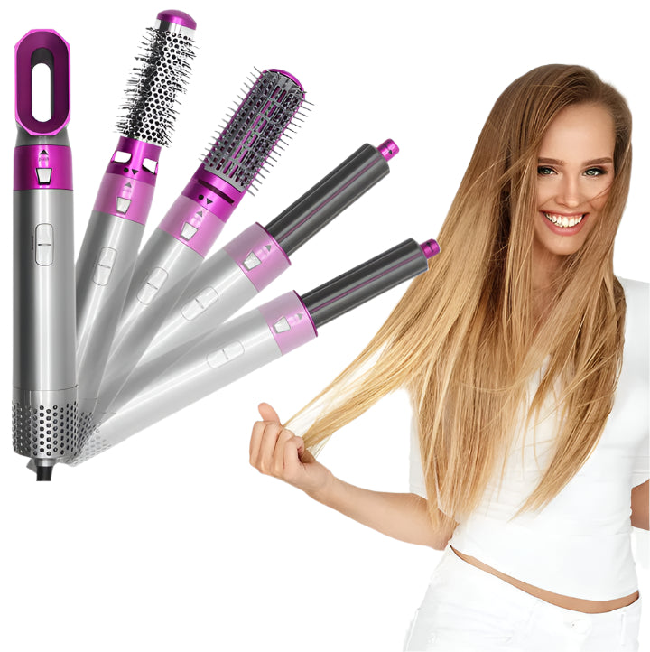 "Sèche-cheveux multifonctions noir élégant avec accessoires interchangeables pour styles variés, comme boucles et lissage."