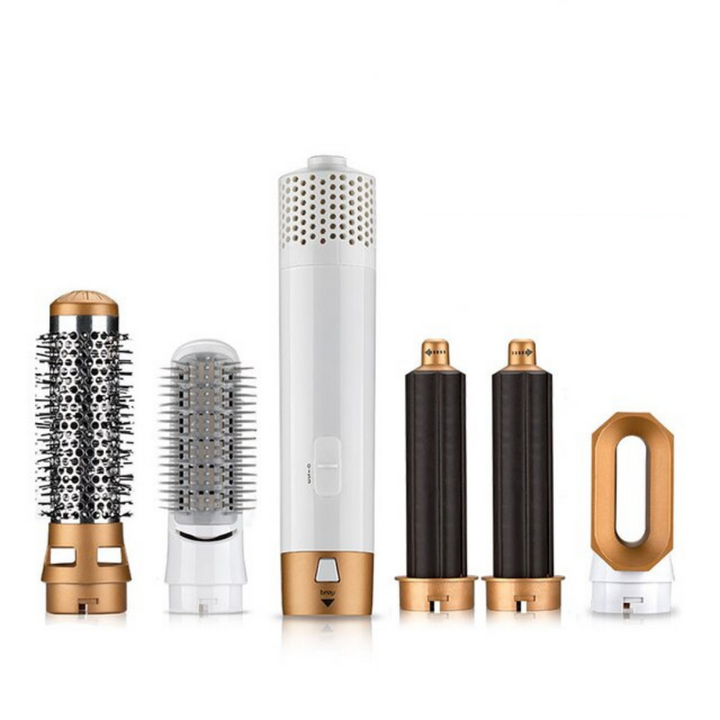 "Sèche-cheveux multifonctions noir élégant avec accessoires interchangeables pour styles variés, comme boucles et lissage."