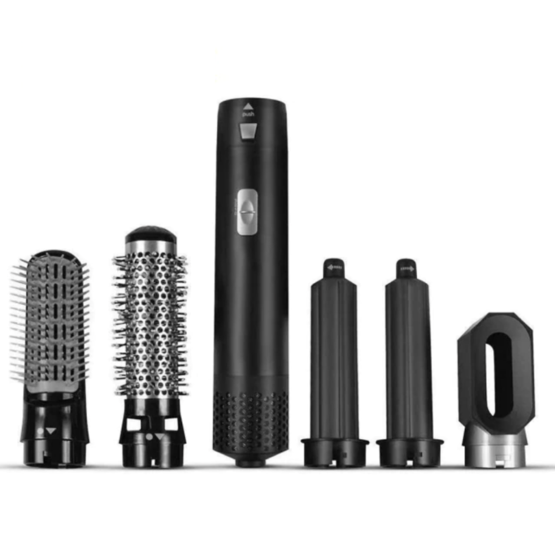 "Sèche-cheveux multifonctions noir élégant avec accessoires interchangeables pour styles variés, comme boucles et lissage."