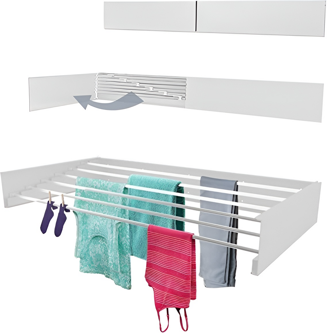 "Séchoir mural pliable, structure fer robuste, gain de place, blanc/noir, usage intérieur et extérieur"