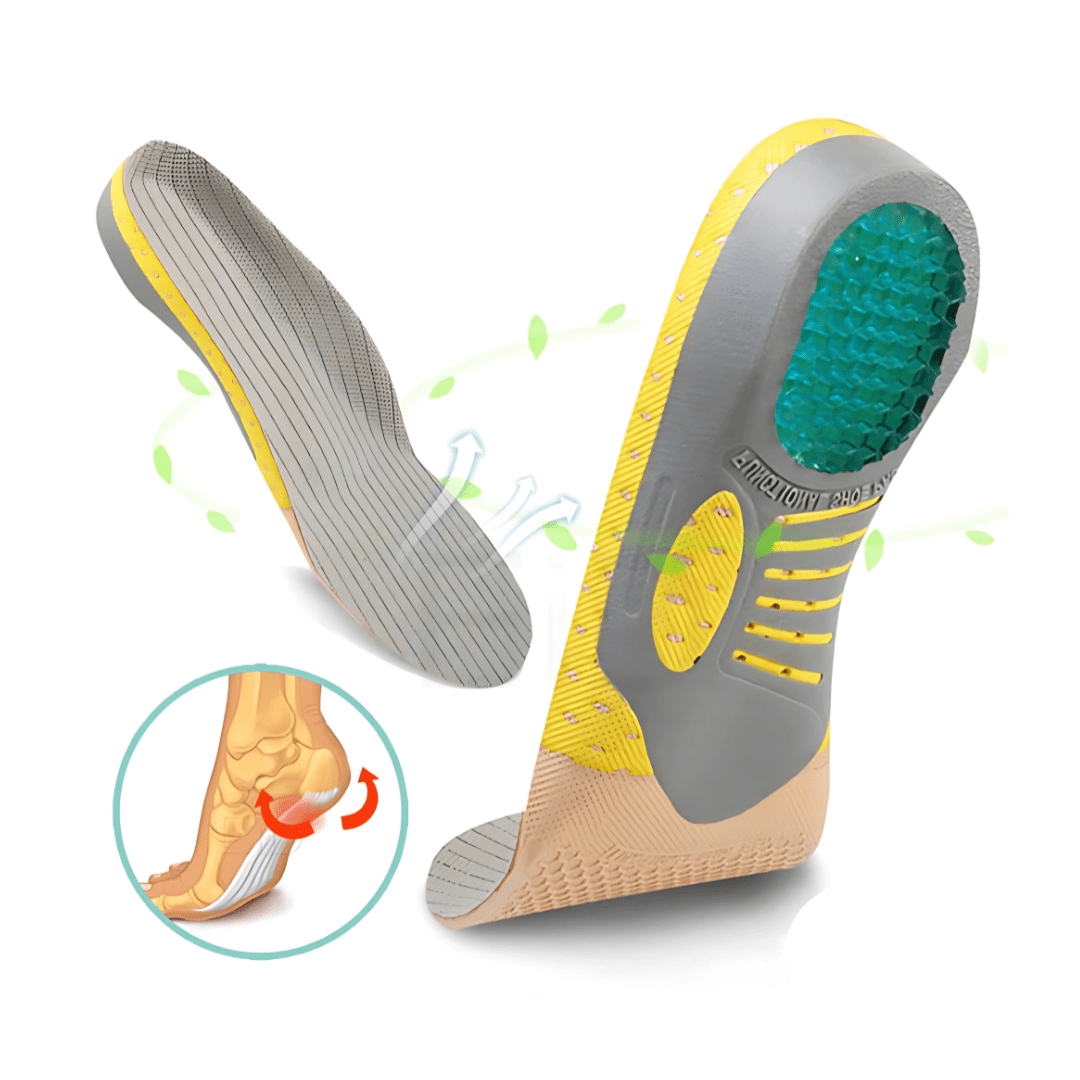 "Semelles confortables pour épine calcanéenne, soulagement du talon, adaptables toutes chaussures, design ergonomique."